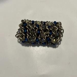 8 By 2” Bronze Color & Blue & White Glass Crystal Bead Stretch Bracelet - Picture 1 of 8