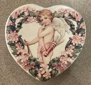 Heart Shaped Candy Tin Hong Kong Cherub Angel Cupid Valentine VTG 5.5x5.5x1.5 - Picture 1 of 8