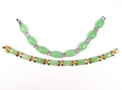 18K GP Gold Green Jade Lucky Square Bracelet & Oval Cabochon Silver Tone LOT - Image 1 of 4