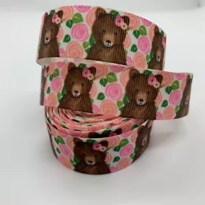 Ripsband niedlicher Bär mit Blumenkrone bedruckt 7/8 Zoll 22 mm - Bild 1 von 1