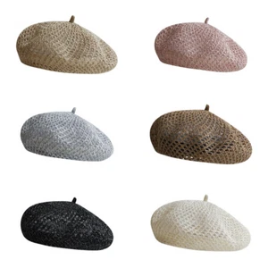 Women Handmade Straw Crochet Beret Hat Weave Hollow Breathable Summer Thin Cap - Foto 1 di 18