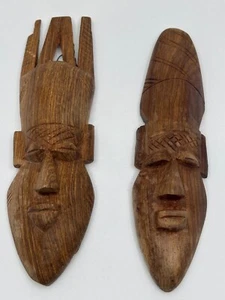 Lot of 2 HANDCRAFTED WOODEN FACE MASKS Art Wall Decor Africa Asia 9in length - Picture 1 of 14
