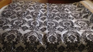 Black Flocked Fleur de Lis Design on White Fabric Panel-61” W x 58” L - Picture 1 of 3