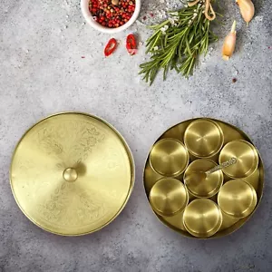 Brass 8" Spice Box With 7 Bowls And A Spoon For Home Kitchen/gift Item - Picture 1 of 5