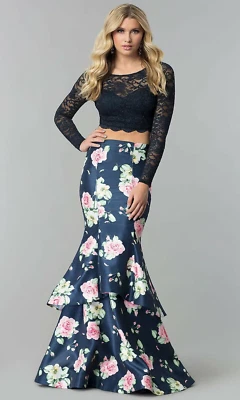 Sequin Hearts Two Piece All Over Lace Party Cocktail Dress Navy Size 11 $200 - Image 1 of 4