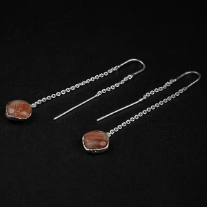 Natural Sunstone Gemstone Silver Plated Long Dangle Threader Earrings For Women - Picture 1 of 15