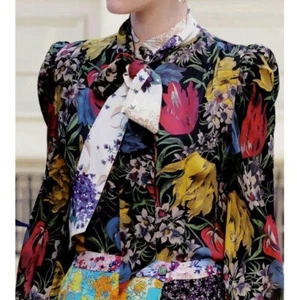 Edeltrud Hofmann 100 % Seide Blumen Bluse und ein dünner Schal Krawatte Größe 4 - Bild 1 von 12