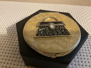 Yellow Marble Mirror Compact With Black/Silver Purse Accent 3” - Picture 1 of 2