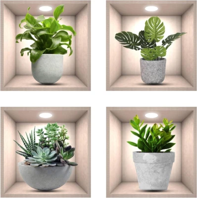 Adesivi Murali Piante, 4 Pz Realistico Verde Pianta in Vaso Impermeabile Wall Ar - Immagine 1 di 4