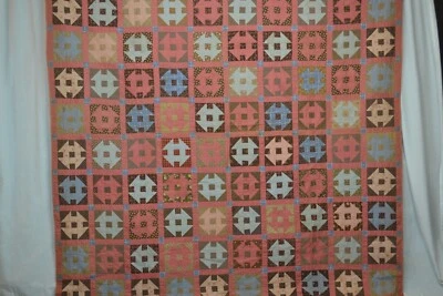 antique quilt pieced "Monkey Wrench" red/brown back 78x78 early 1800 original - Image 1 of 4