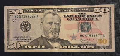 $50 Dollar Bill BINARY NOTE- Fancy Serial Number 57577577 add together it = 50! - Image 1 of 4