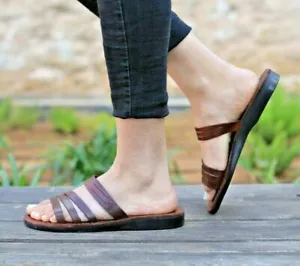 Brown Unique Ladies Genuine Leather Women's Sandals Flat Flip Flops Slide Casual - Picture 1 of 10