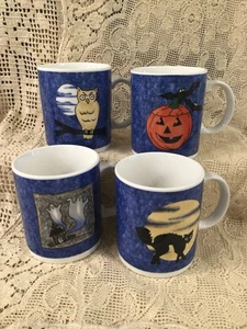 Halloween Tassen Steinzeug Kaffeetassen 4 Stück Domestications Fledermäuse, schwarze Katze, Geist - Bild 1 von 4