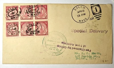1930 Salem MA Special Delivery Cover Scott 688 Block 6 Mass Bay Tercentenary FDC - Image 1 of 2