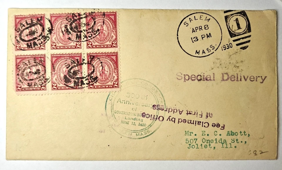 1930 Salem MA Special Delivery Cover Scott 688 Block 6 Mass Bay Tercentenary FDC - Image 1 of 2