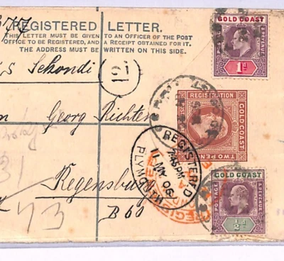 GOLD COAST Cover KEVII Registered  Stationery 1908 Ship *Sekondi* Germany XH41 - Image 1 of 4