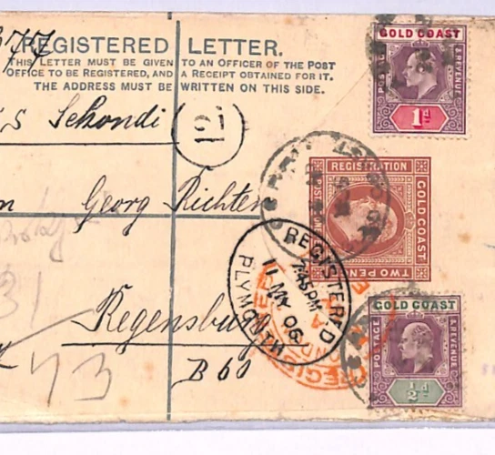 GOLD COAST Cover KEVII Registered  Stationery 1908 Ship *Sekondi* Germany XH41 - Image 1 of 4