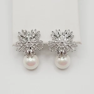 Modern Crystal Snowflake with Faux Pearl Snowball Celebration Clip On Earrings - Picture 1 of 23