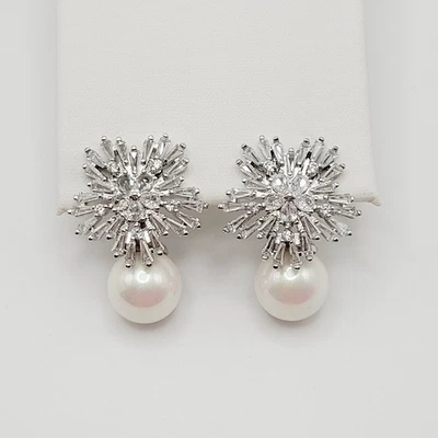 Modern Crystal Snowflake with Faux Pearl Snowball Celebration Clip On Earrings - Image 1 of 4