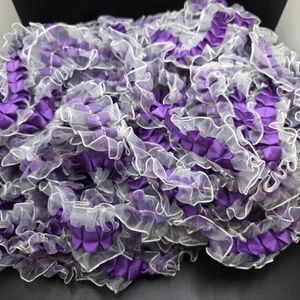 21 Yds Purple Satin And White Ruffle Trim 1.5 Inches Wide - Picture 1 of 3