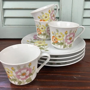 Vintage Japan Floral Luncheon Snack Set. 4 Plates & Cups Spring Cottage Core - Picture 1 of 17