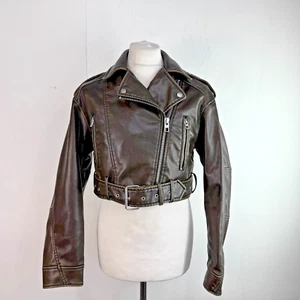 Zara Brown Faux Leather Biker Jacket with Belt Size Small - Excellent Condition - Picture 1 of 10