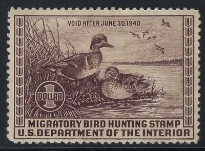 B&D: 1939 U.S. Scott RW6 sixth Hunting Permit Stamp MH, fault - Image 1 of 2