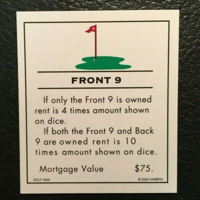 Monopoly  Golf    FRONT 9   Title Deed Card   Replacement Game Pieces   2002 NOS - Image 1 of 4