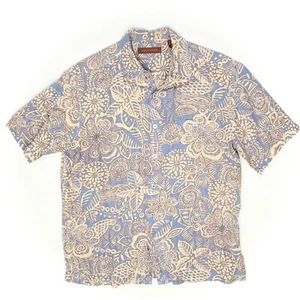 Tori Richard Mens Hawaiian Shirt M Light Blue Beige Floral Print Silk Linen USA - Picture 1 of 4