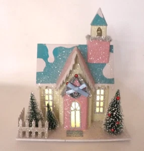 Putz Christmas Village Lighted Church - Pastels Mica Bottle Brush Trees - Picture 1 of 8