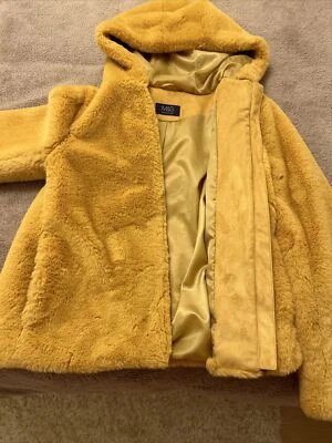 M&S Hoodied Faux Fur Honey Yellow Full Zip up Jacket Pockets Lined UK10 Ex Cond - Image 1 of 4