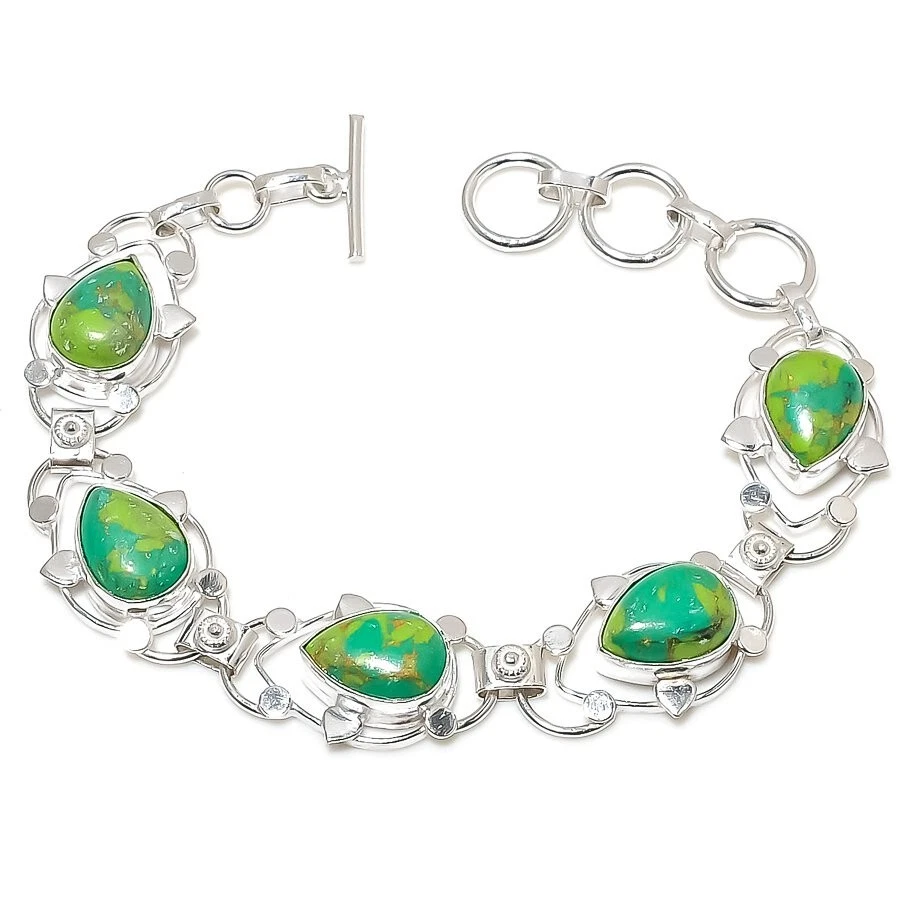 Браслет ювелирный ручной работы из серебра 925 пробы с зеленой бирюзой и драгоценными камнями размер 7-8"" - Изображение 1 из 1