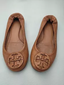 Tory Burch Reve Tumbled Brown Leather Ballet Flats Wmn's Sz @9" - Picture 1 of 5