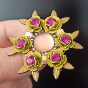 Michal Negrin Hair Clip Yellow Roses Flower Hot Pink AB Crystals Statement Gift - Picture 1 of 15