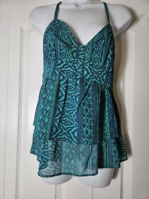 American Eagle Juniors Size XS Teal Green and Blue Boho Summer Top Tierd Ruffle  - Image 1 of 4