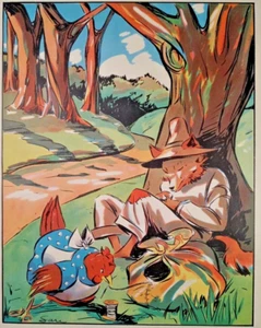 Fox Hen Sewing Dress Nap Children Fairytale Print Colorful Vtg Book Plate 1930s - Picture 1 of 3