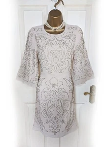 NEEDLE AND THREAD Nude Beige & Iridescent Beaded Flutter Sleeve Dress, Size 12 - Picture 1 of 7