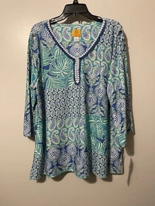 Ruby Rd Blouse Women's 1X Bali Blue Style Printed V-Neck Button Up NWT - Picture 1 of 4
