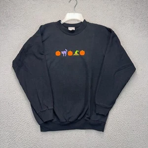 Vintage Hanes Halloween Sweatshirt Womens Medium Black Jack O Lantern Witch Cat - Picture 1 of 8