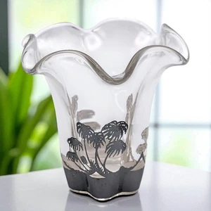 Duncan Miller Canterbury Silver Overlay Palm Trees Crimped Vase by Silver City - Picture 1 of 7