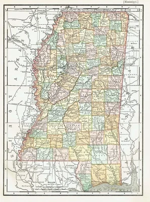 Mapa a color de la Biblioteca de referencia de 1899, fechado en la impresión Estado de Mississippi Foto 1 de 4