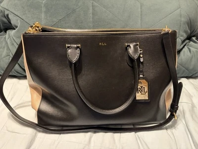 LAUREN RALPH LAUREN Black Leather Convertible Satchel Purse Bag-NICE - Image 1 of 4