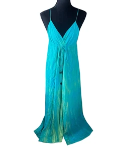 Gypsy05 XS blue green100% silk hand tie dyed empire waist boho maxi dress beach - Picture 1 of 11
