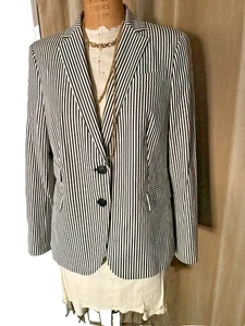 Blazer AKRIS Punto Negro Blanco Rayas Dos Botones Manga Larga Cuello Talla US12 - Imagen 1 de 20