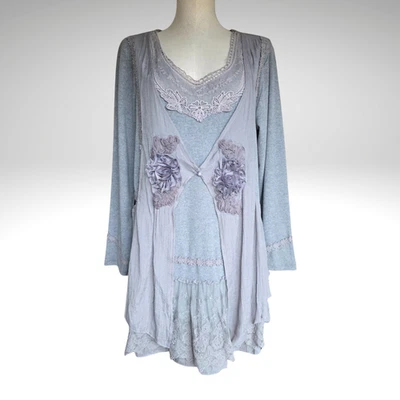PRETTY ANGEL Gray Textured Rosettes Dress NOWT Size XL Silk Blend Romantic Boho - Image 1 of 4