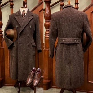 Brown Double-breasted Men's Coat Long Wool Blend Coat Winter Business Casual - Picture 1 of 15