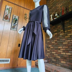 Vtg 70s 80s Sheer Bishop Puff Sleeve Black Pleated Jersey Glam Disco Dress S/M - Picture 1 of 11
