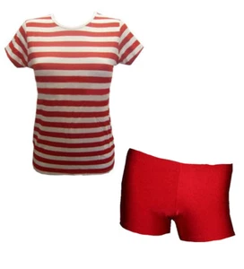Camiseta, Top, Pantalones Cortos Rojos/Hotpants Disfraz Vestido Elegante a Rayas Rojo y Blanco 8-22 - Imagen 1 de 3