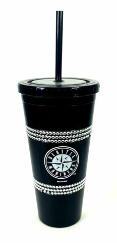 Seattle Mariners Licensed 22oz Cup Tumbler w/ Straw Crystal Bling Black MLB NEW Cover