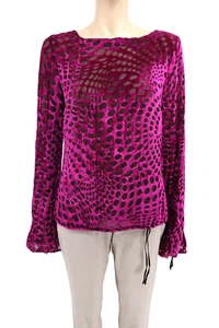 Blusa ESCADA 36 Rayón Seda Terciopelo Quemado Fucsia Cuello Redondo Mangas Acanaladas - Imagen 1 de 6